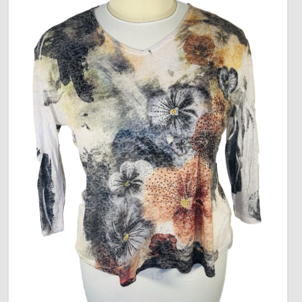 Jess & Jane - Womens 1X Blouse 3/4 Sleeve Burnout Beaded Acid Wash Floral